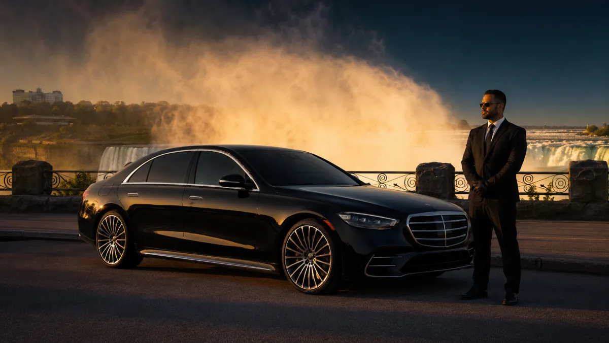 Glossy black chauffeur-driven luxury sedan with driver, for a private Niagara Falls boat-day on the Canadian side