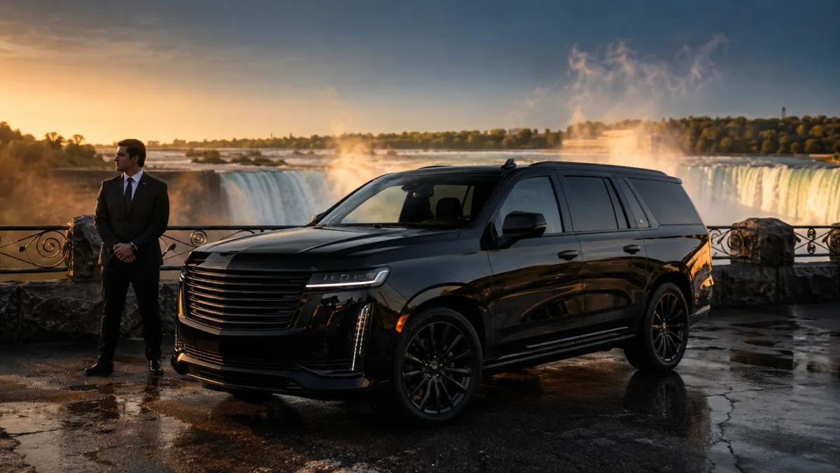Black chauffeur-driven full-size luxury SUV with driver, for a family Niagara Falls boat-day on the Canadian side