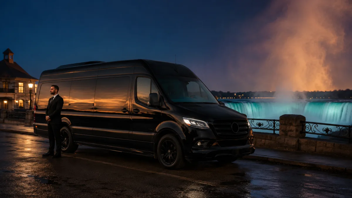 Black chauffeur-driven Mercedes-Benz Sprinter van with driver, for a group Niagara Falls boat-day on the Canadian side