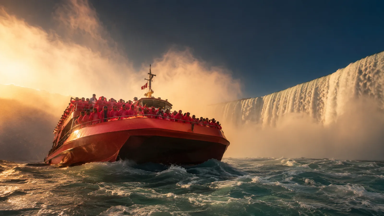 A red Niagara City Cruises boat full of red-poncho passengers at the misty base of the Canadian Horseshoe Falls at golden hour