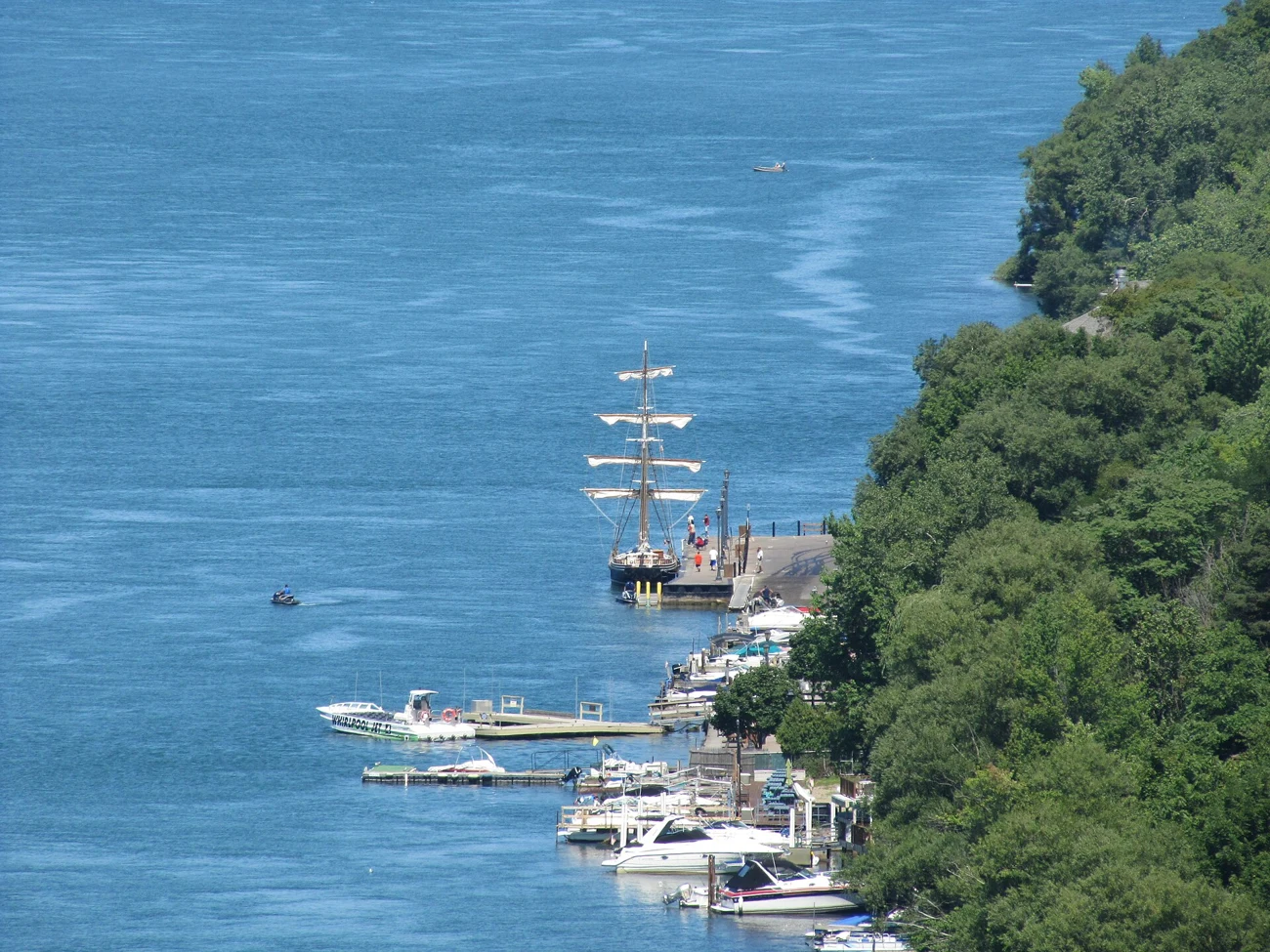 The Niagara Parkway curving above the emerald Whirlpool on the Canadian side of the Niagara River